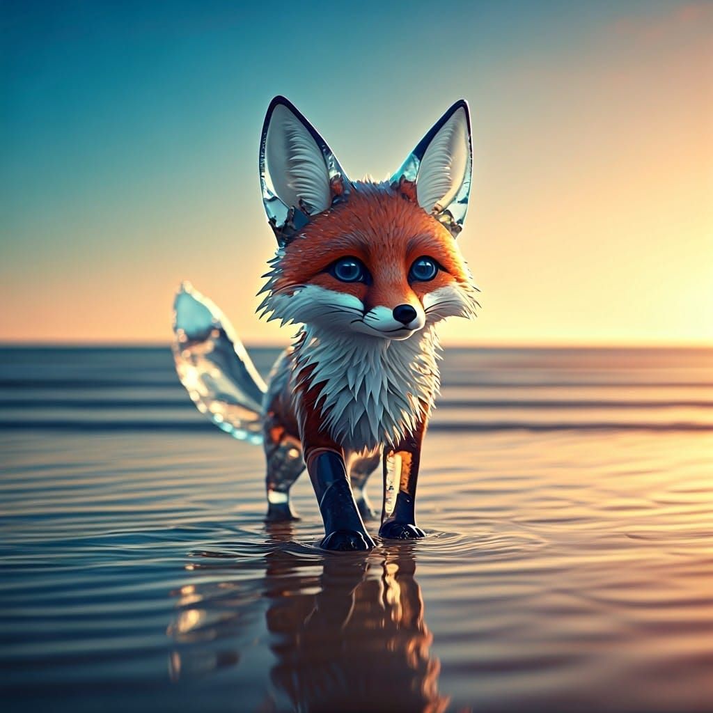 Glass Fox Cub Plays on Sunny Beach