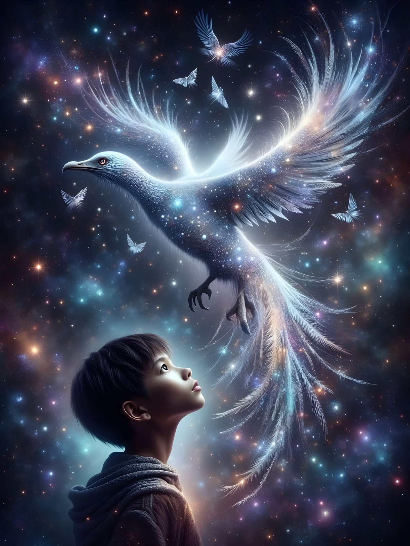Boy Gazes Up at Celestial Phoenix in Ethereal, Dreamlike Sce...