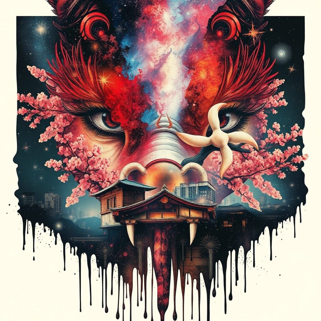 Galaxy Meets Cherry Blossom World with Dragon