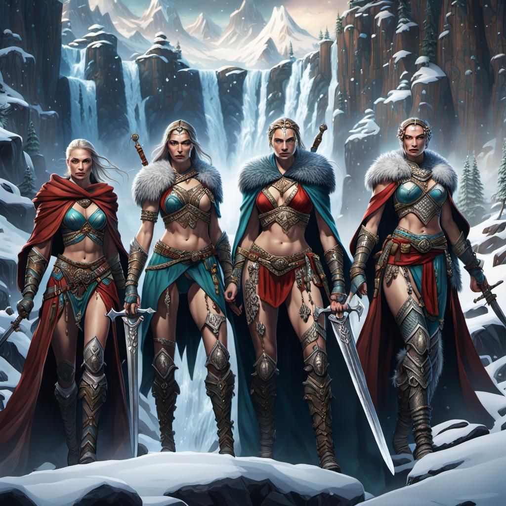 Fantasy Russian Warrior Women in Mountain Landscape