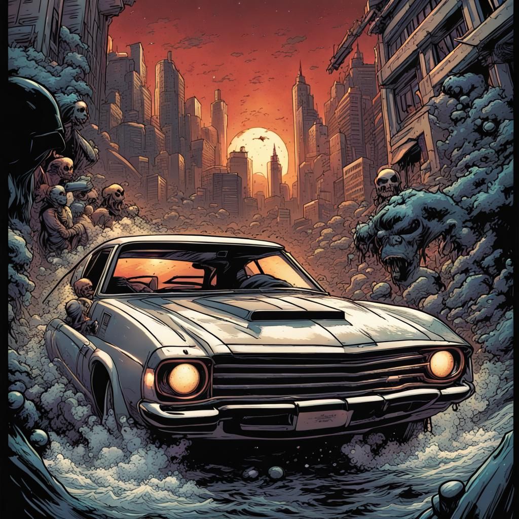 T-Shirt Design: Car Crash in Comic Book Art Style