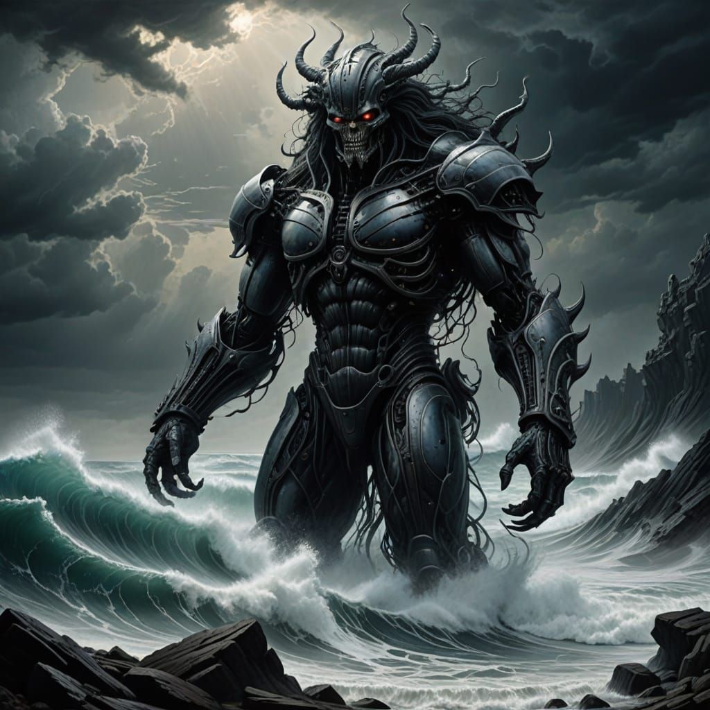 Mythical Sea God Confronts Turbulent Ocean Storm