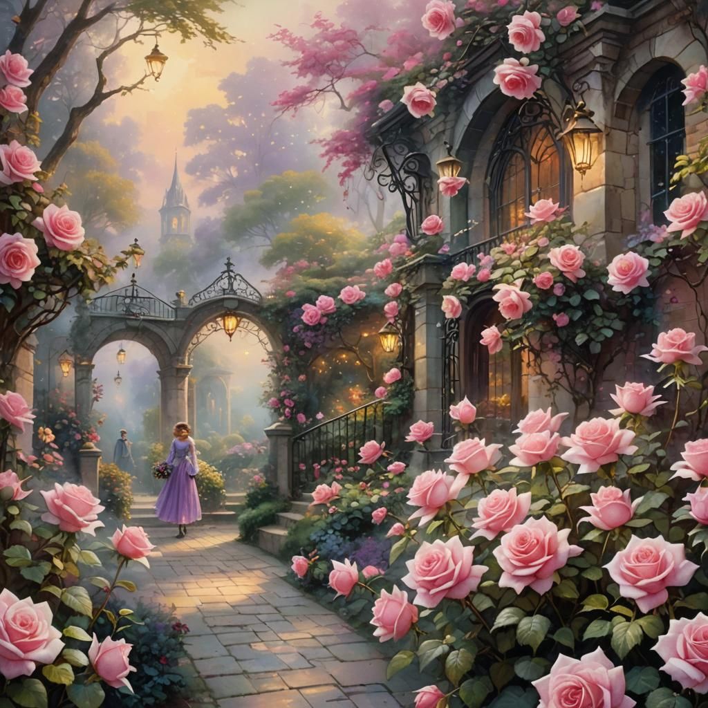 Maiden in Black Rose Garden: Ethereal Watercolor