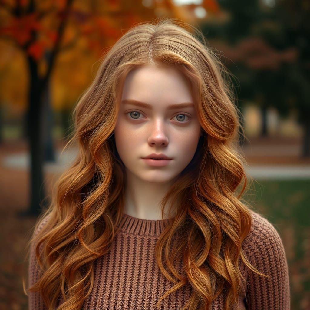 Amorous Ginger Woman in Autumn Foliage: 3D Portrait
