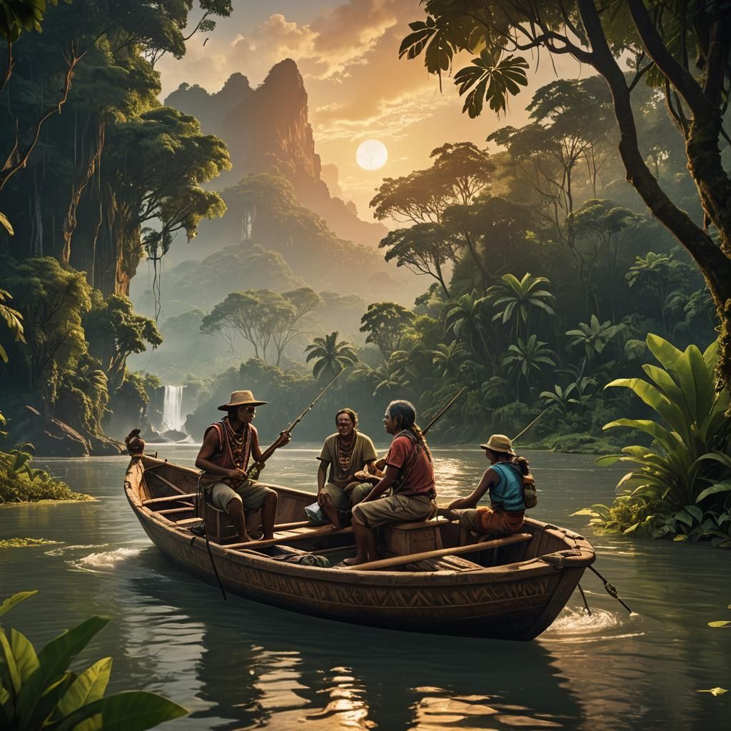 Indigenous Family Fishing at Sunset: Detailed Matte Painting