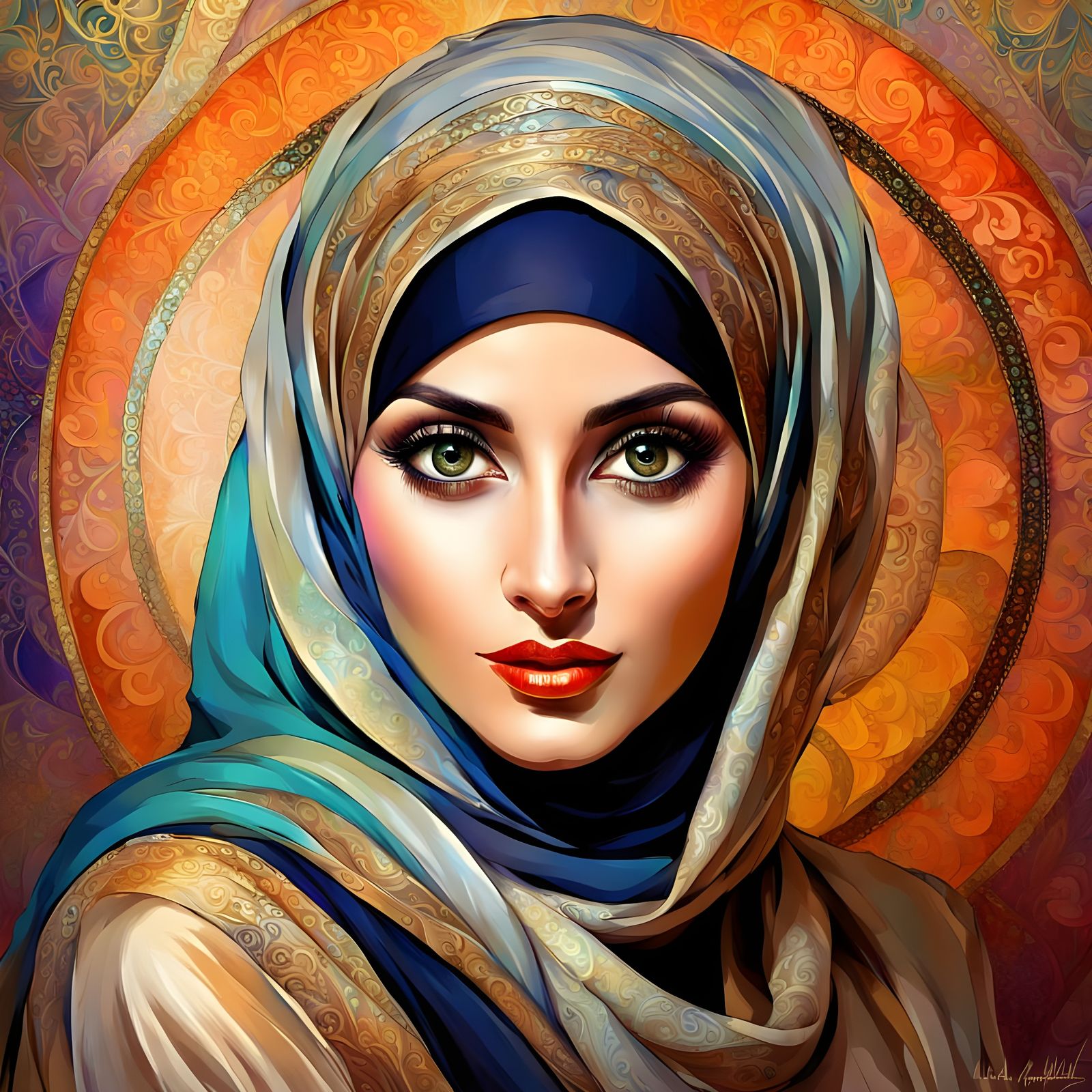 Confident Hijabi Woman in Bold Retro Digital Art