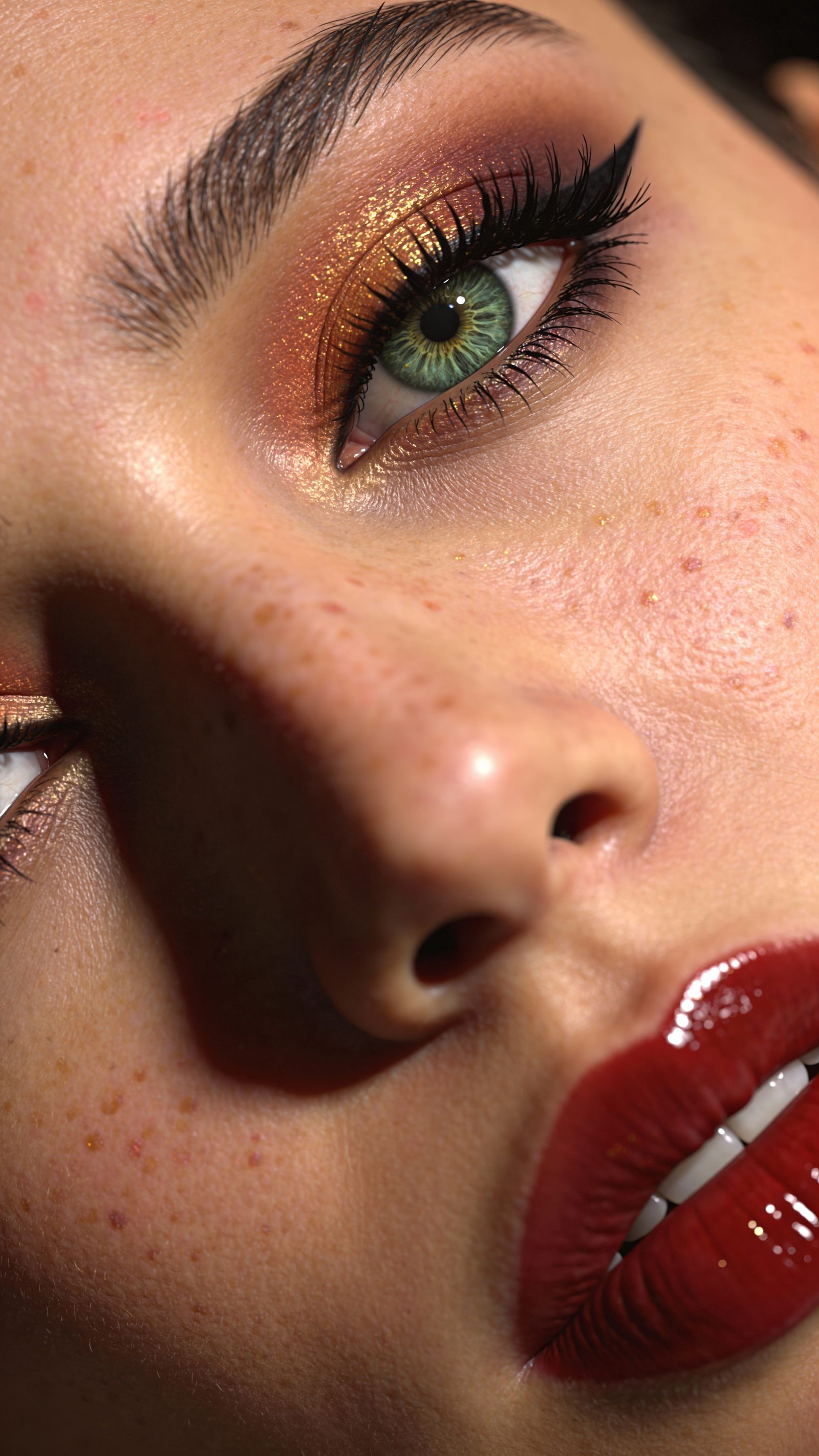 Hyperrealistic Close-Up of a Green Eye with Freckles