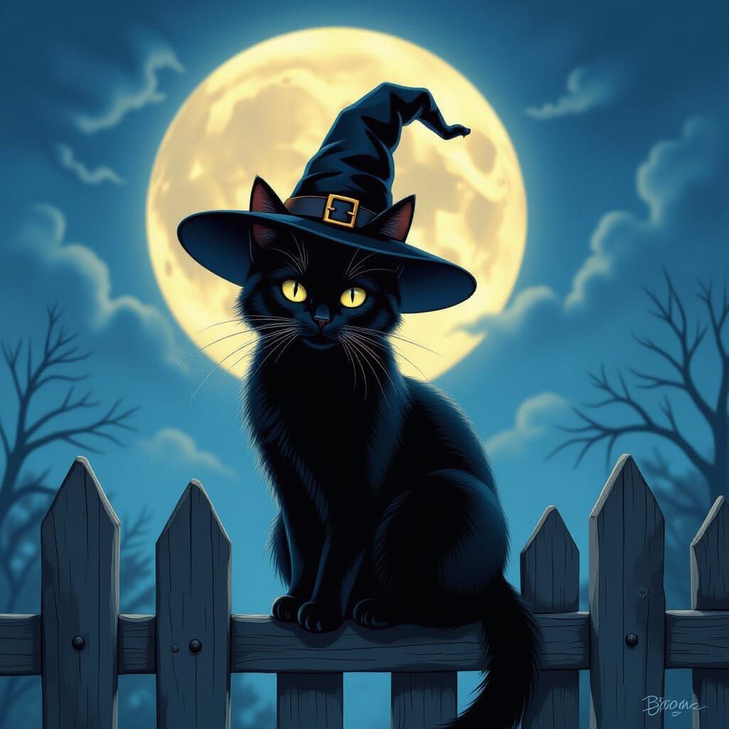 Black Cat Witch Hat Halloween Spooky Fence Full Moon