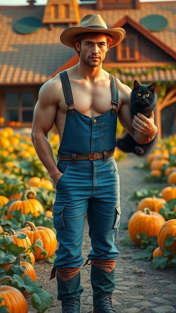 Shirtless Pumpkin Farmer with Cat in Digital Art Style