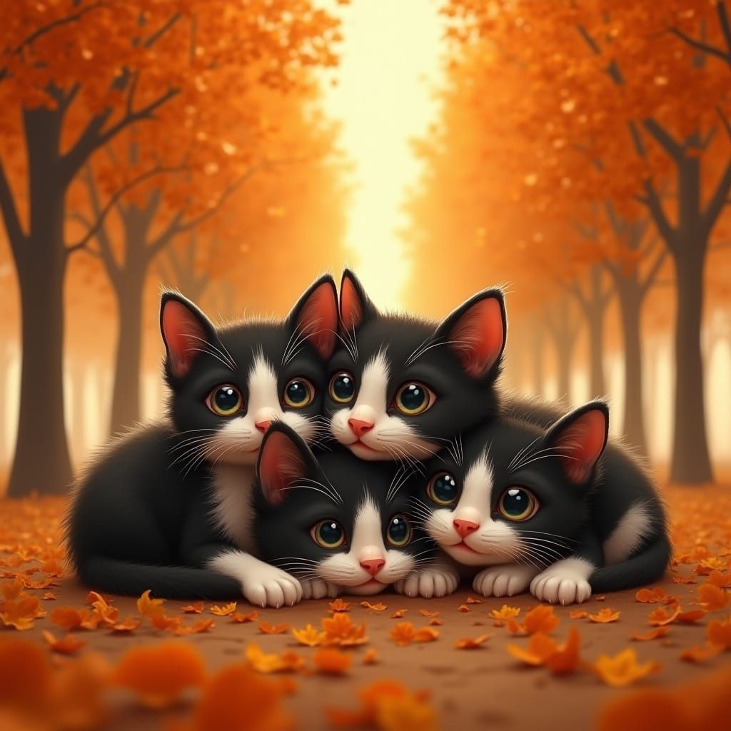 a scene filled with orange autumn leaf trees in a row fading to infinity, a light orange light rays shining through the ...