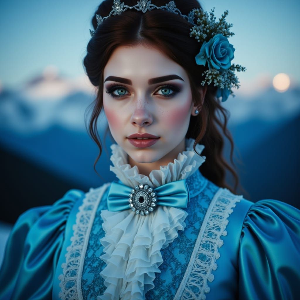 Victorian Lady Portrait Over Swiss Alps Under Full Moon