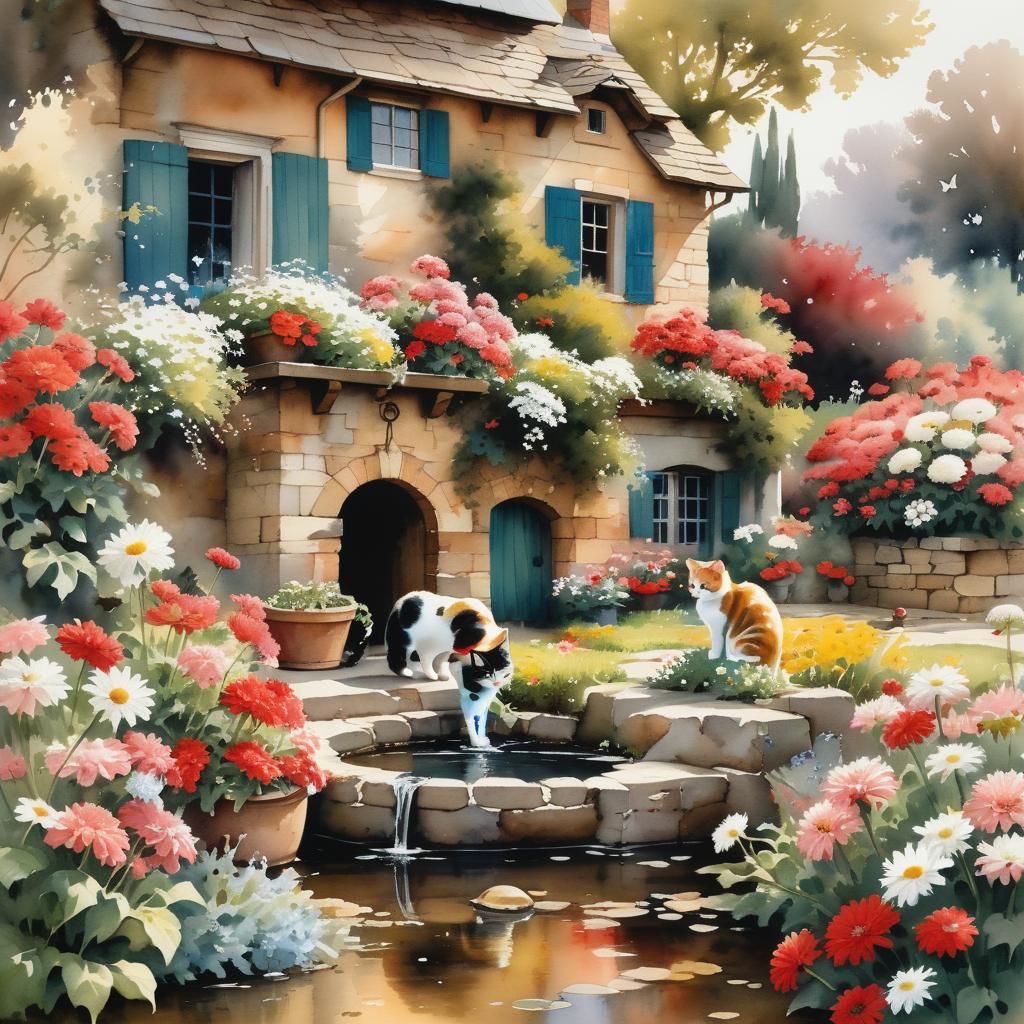 Country House with Kitten in Realistic Watercolor