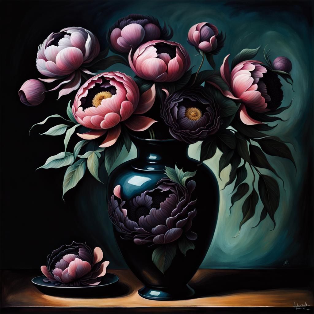 Black Peonies Still Life in Digital Art Style