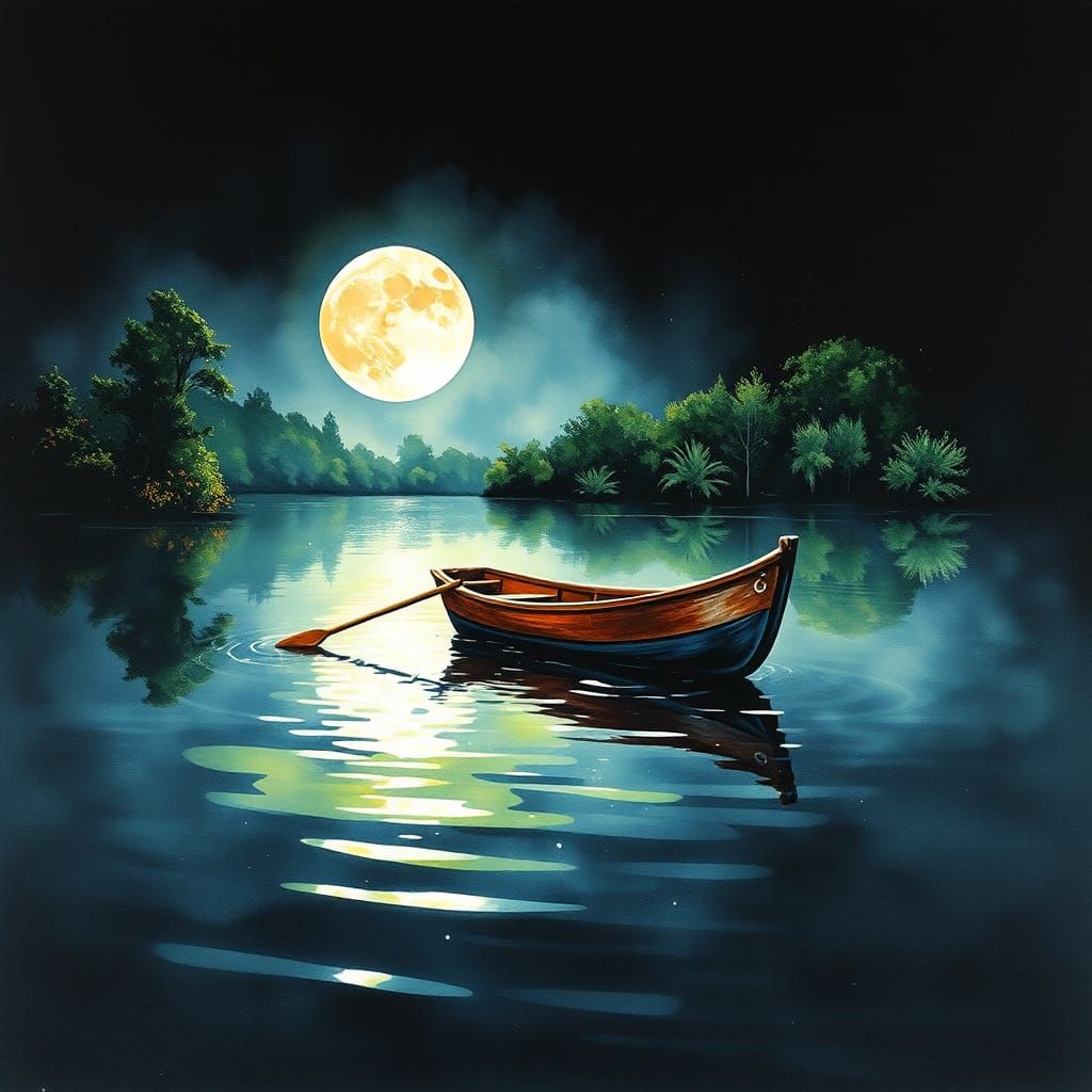 Serene Moonlit Rowboat Scene in Watercolor Style