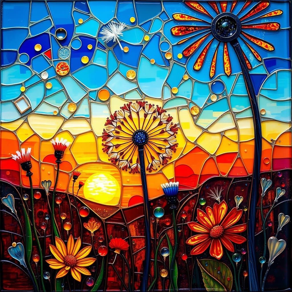 Dandelion Sunset in Fragmented Surrealism Style