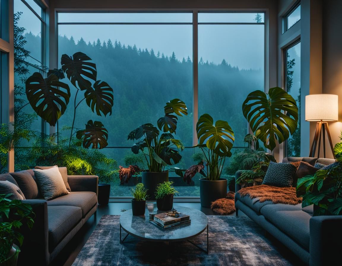 Moody Rainy Evening in Modern Living Room