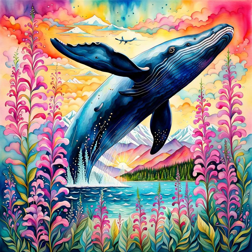 Whimsical Whale in Alaska: Hyperdetailed Watercolor Art
