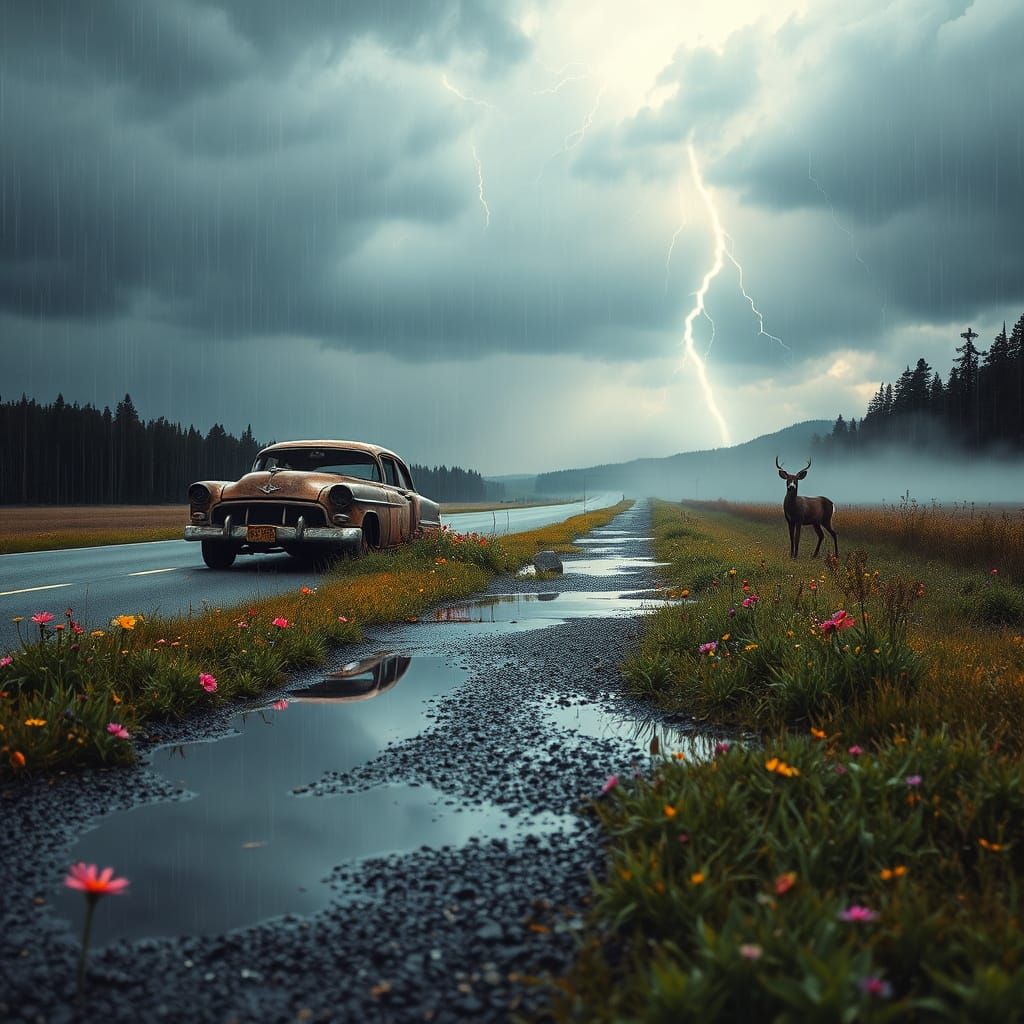 An abandoned highway stretching into the horizon, soaked und...