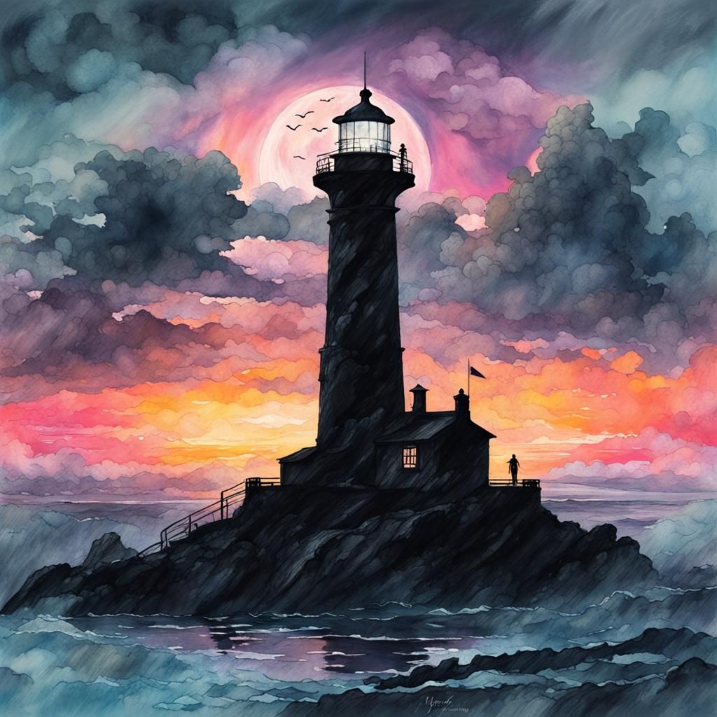 Monochromatic Sunset Lighthouse Seascape in Watercolor Style