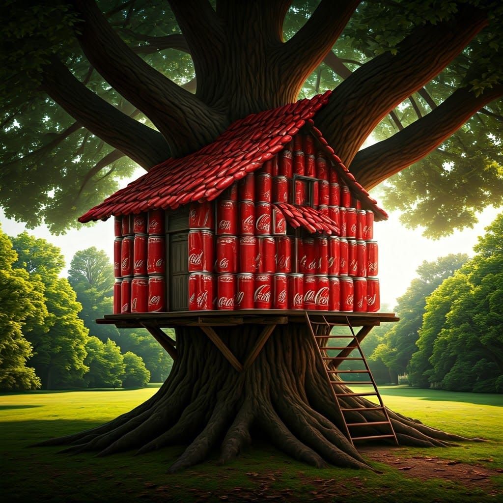 Realistic Treehouse Made from Coca Cola Cans in a Garden