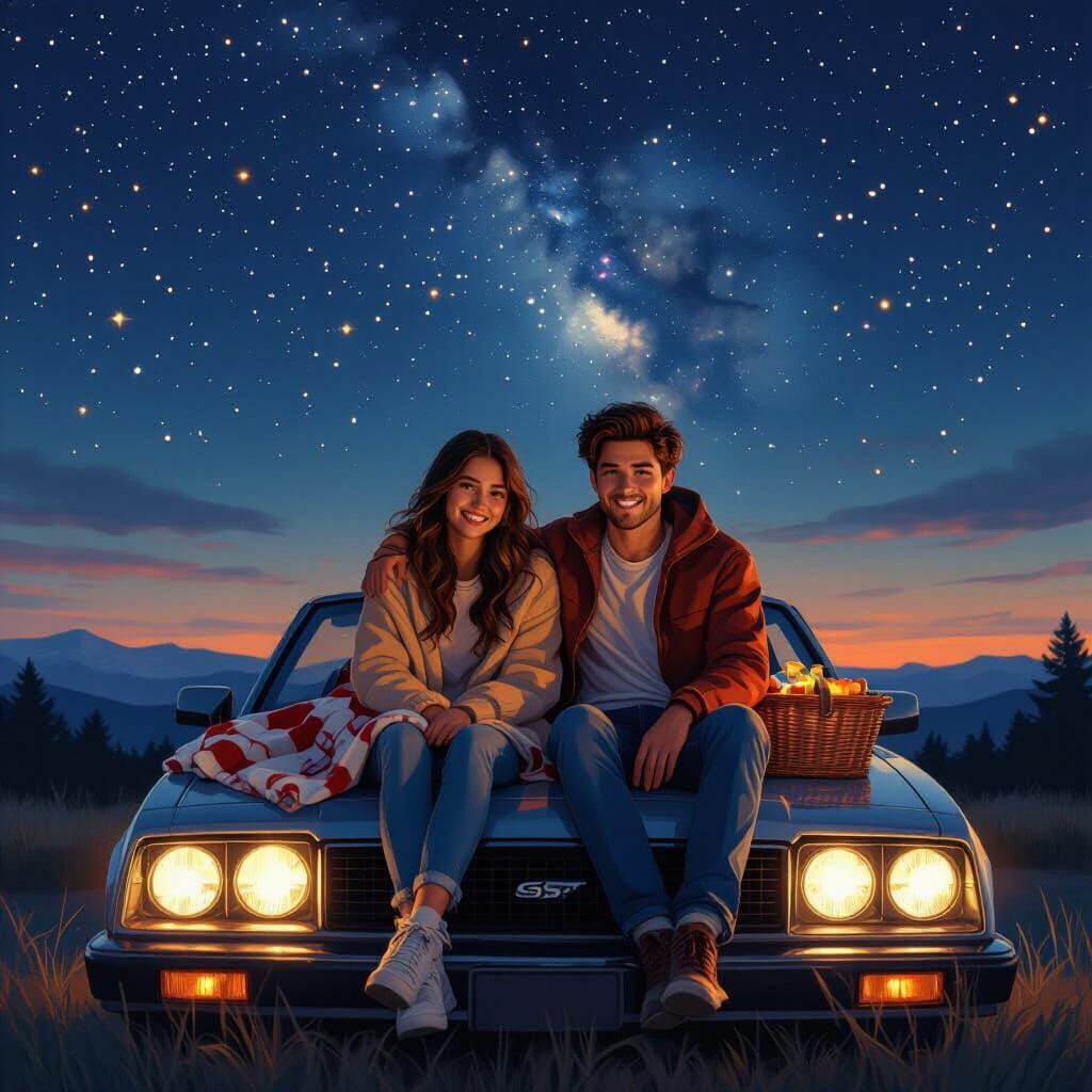 Teenage Couple Stargazing on Car Hood: Realistic, Futuristic...