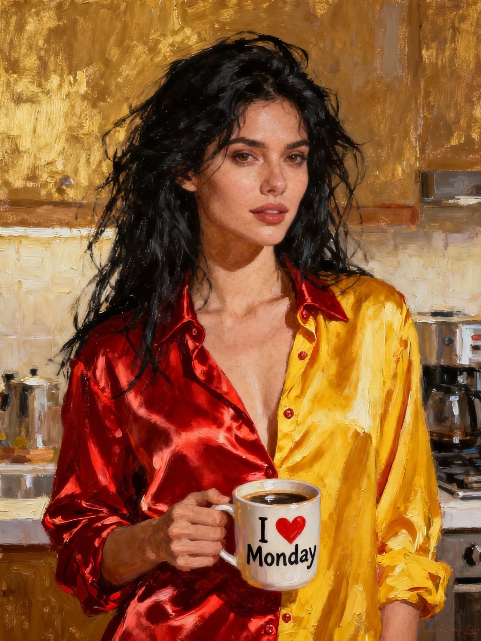 Woman with Coffee in Kitchen: Oil Painting
