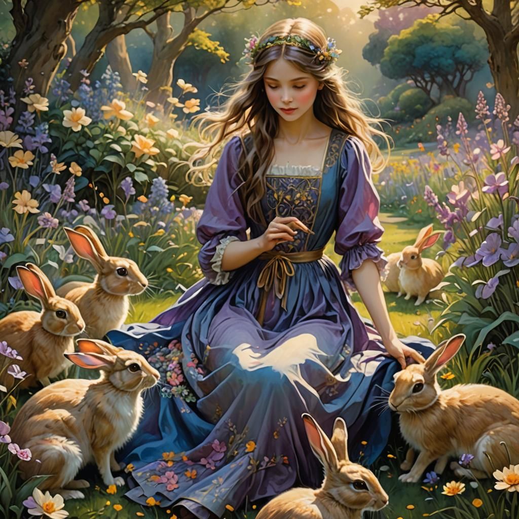 Girl and Rabbits in Whimsical Fantasy Garden