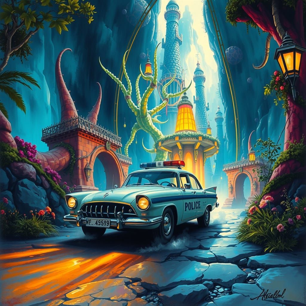 Ethereal Police Car in Vibrant Fantasy World Gouache Paintin...