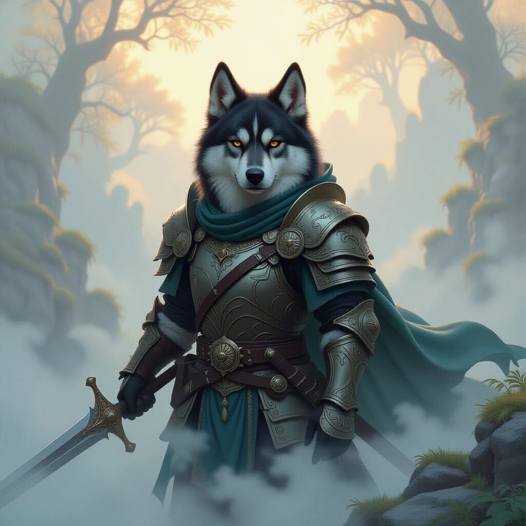 Mystical Dog Warrior in Ethereal Mist