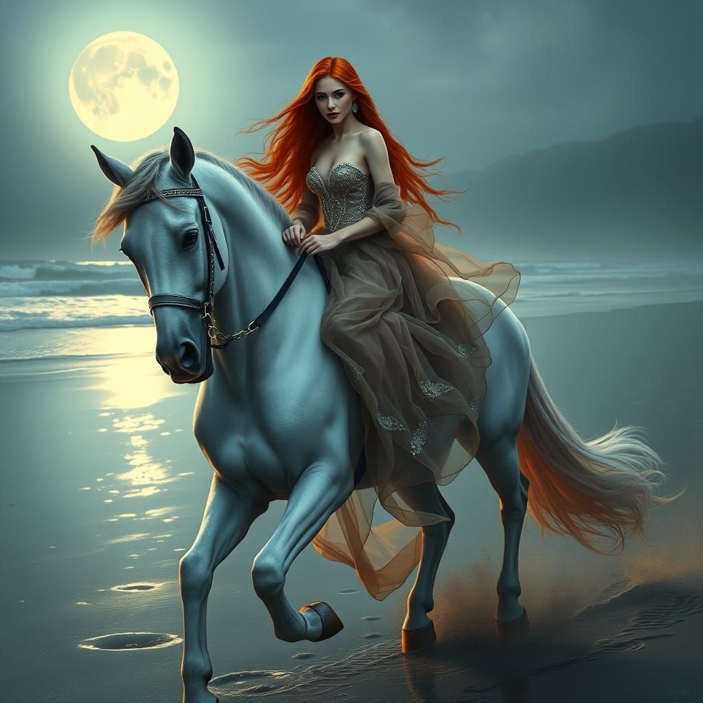 Fiery Redheaded Woman Rides White Horse on Moonlit Beach in ...