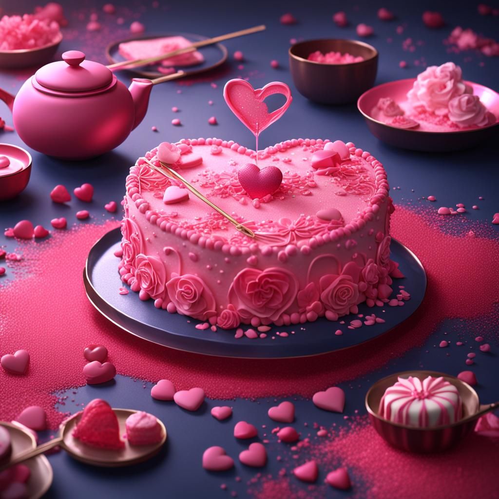 Pink Heart Cake: Japanese Dessert Concept Art