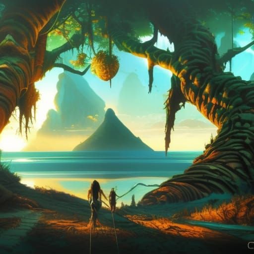 Tropical Jungle Island Beach in Detailed Oil Painting