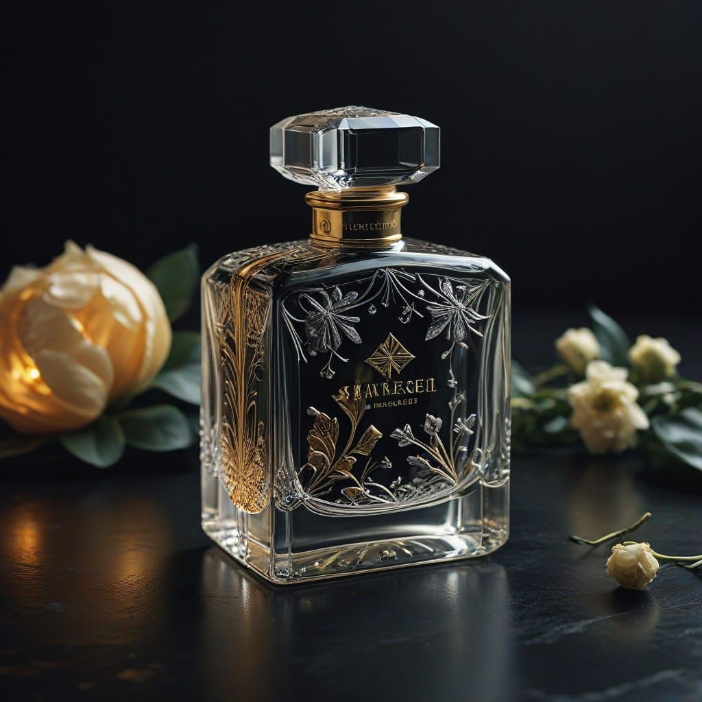 A close-up view of a beautifully sculpted perfume bottle, it...