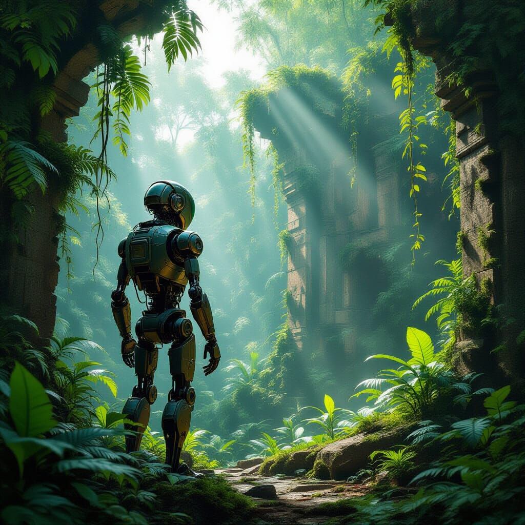 Weathered Automaton in Overgrown Alien Jungle