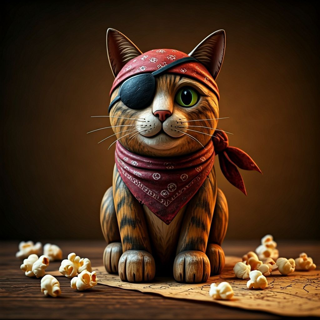 Carved Wooden Cat Pirate Toy with Treasure Map