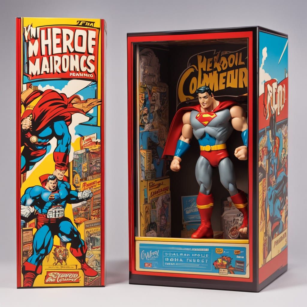 Retro Action Hero on Vintage Toy Shelf in Classic Comic Book...
