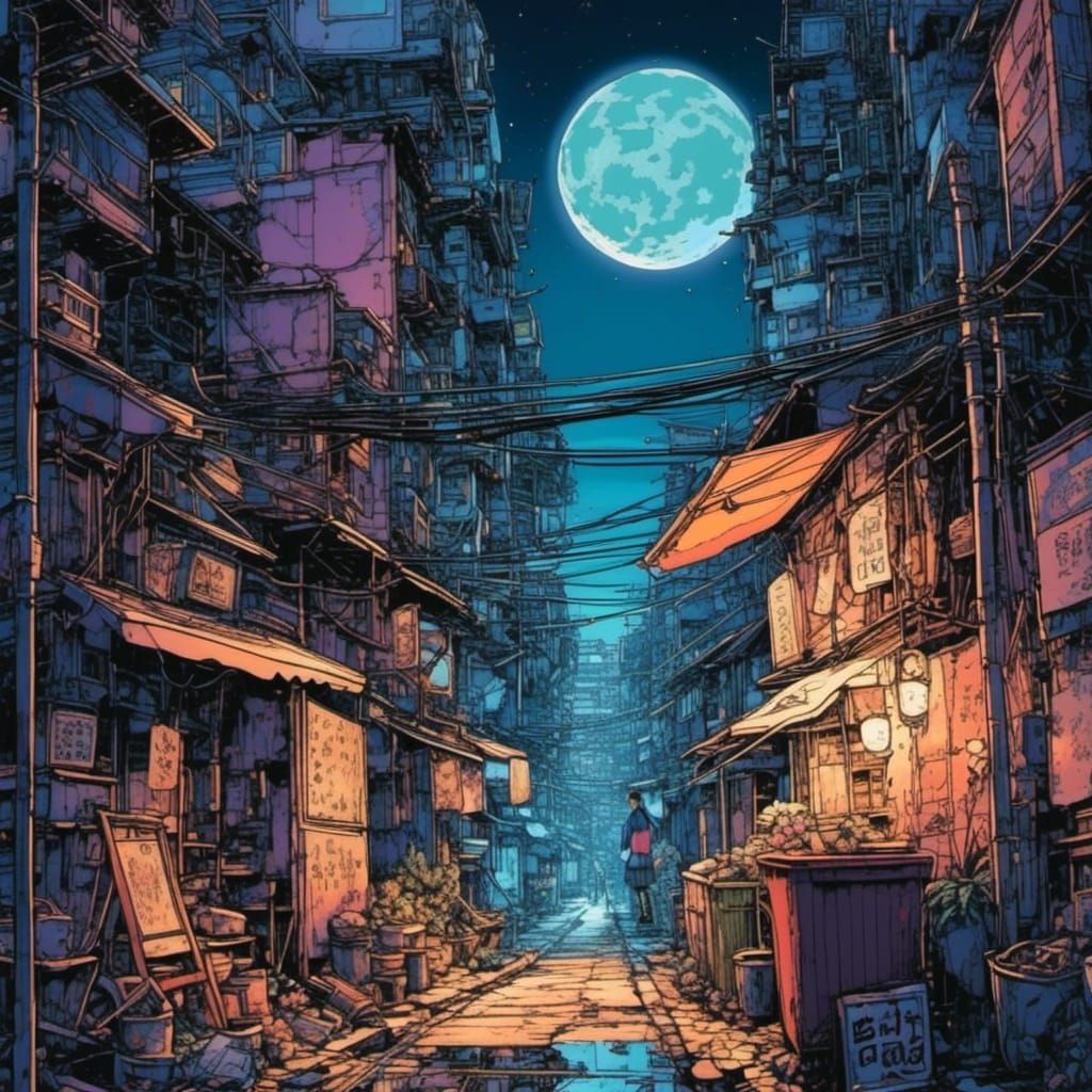 Tokyo Alleyway in Akira Manga Cyberpunk Style