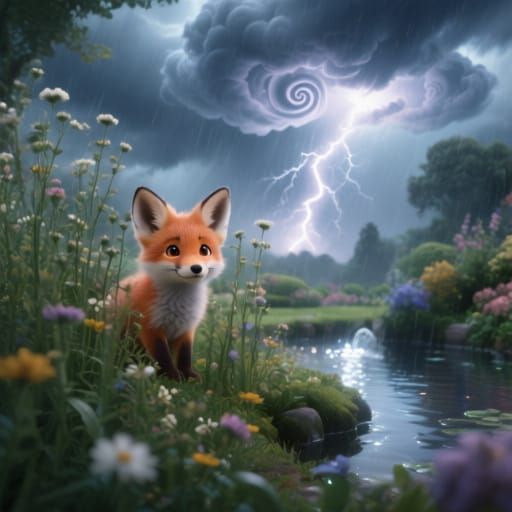 Baby Fox in Stormy Garden Fantasycore Style