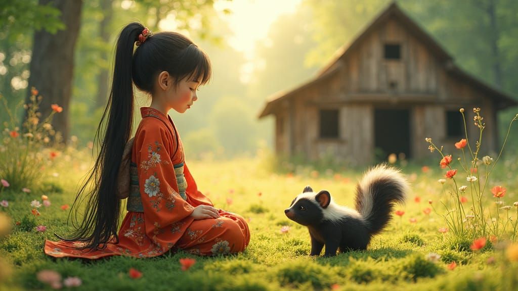 Japanese Girl Meditating with Skunk in Forest