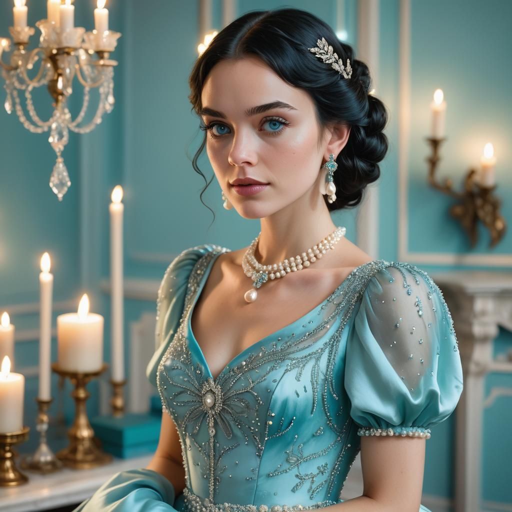Young Woman in Teal Gown with Pearl Jewelry