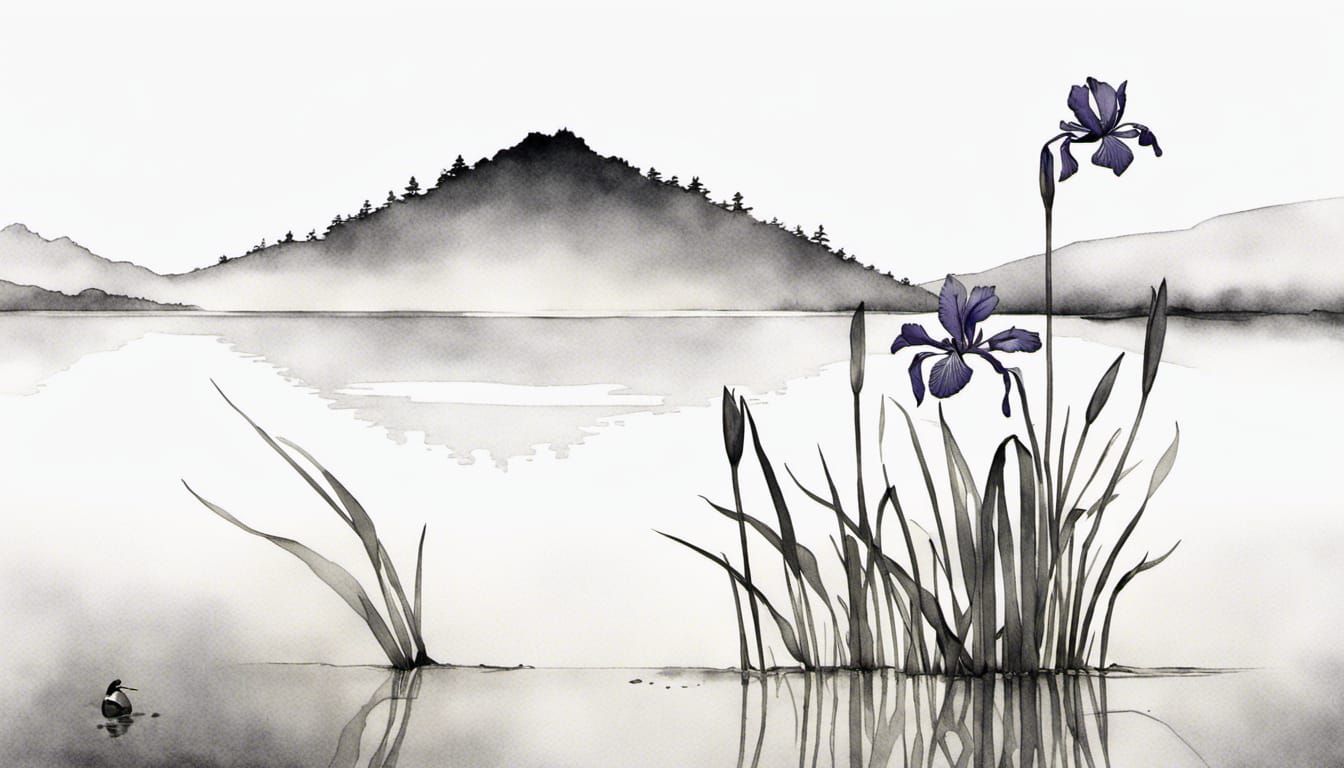 A Japanese Iris on an island in the middle of a lake - Ippitsugaki Japanese calligraphy art Line Painting