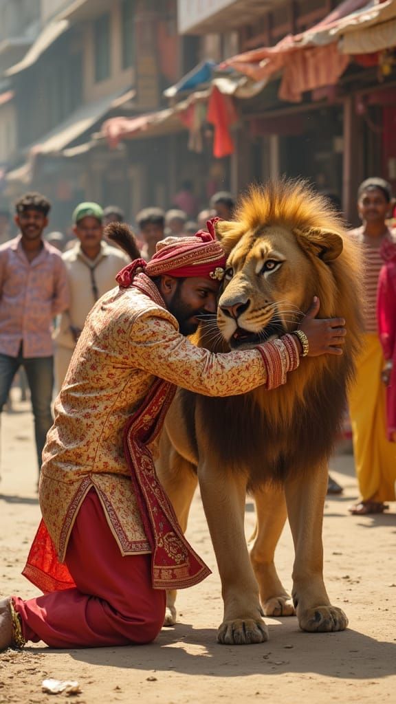 Indian Groom's Playful Lion Tussle, Hyperrealistic Image