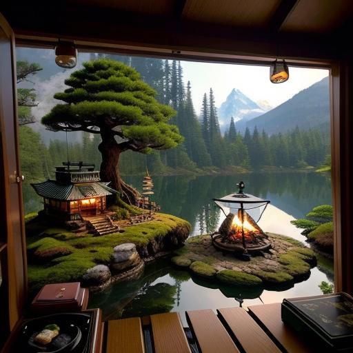 Whimsical Fantasy Campsite in a Miniature Bonsai Library