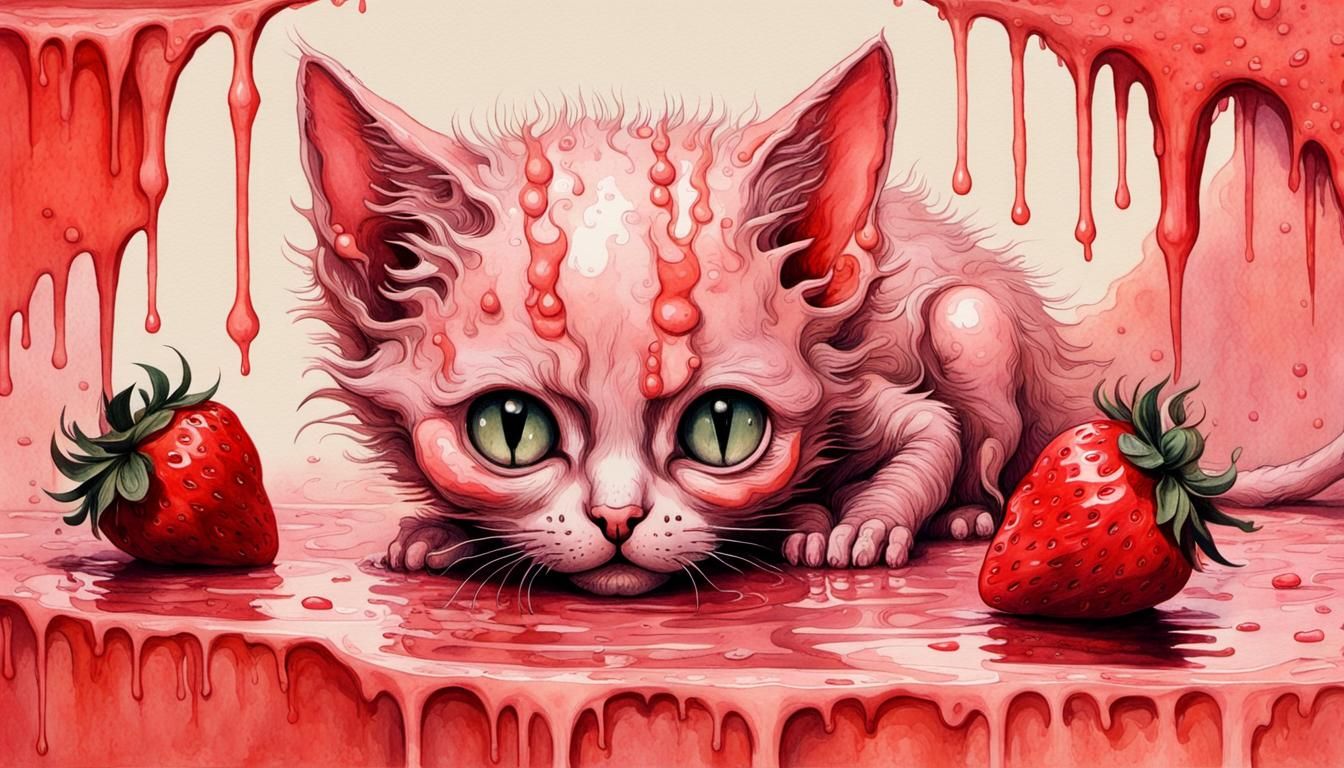 Strawberry Cream Kitten in Surreal Watercolor Style