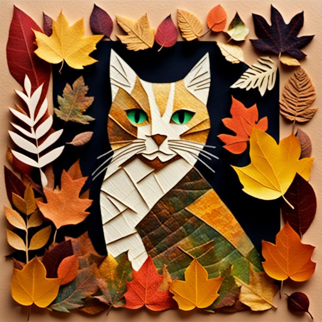 Autumn Cat Paper Collage in Folk Art Style