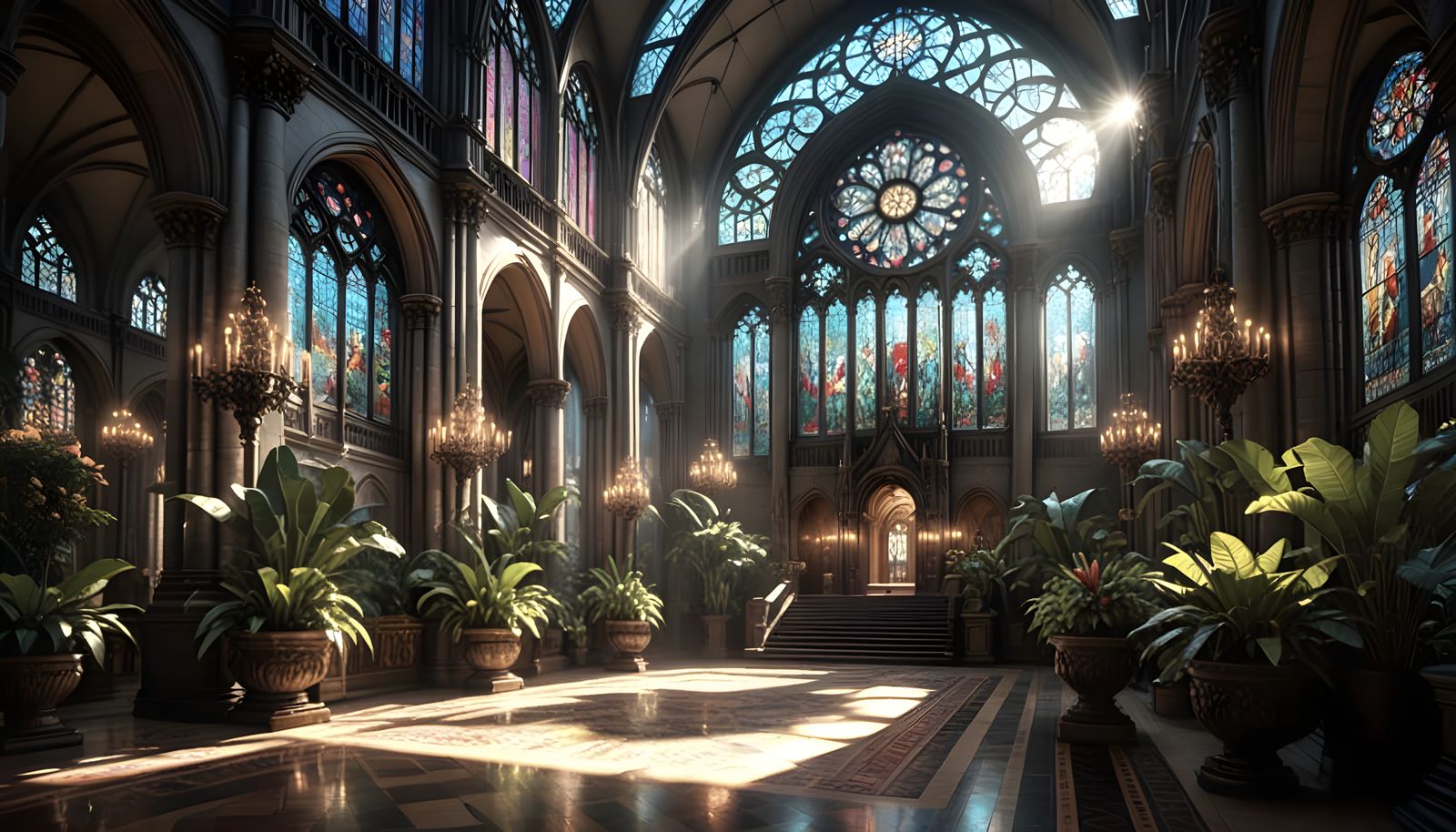 Lush Tropical Plants in a Grand Cathedral Interior