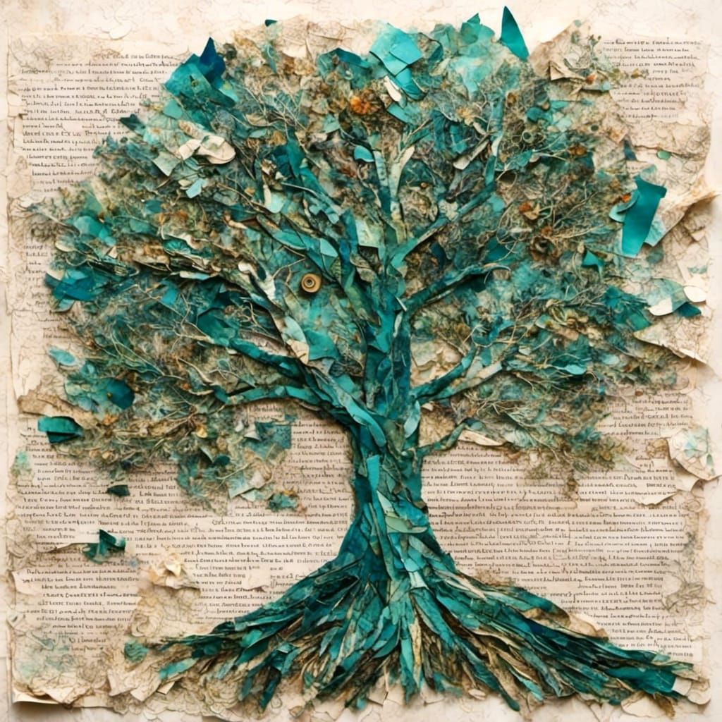 Minimalist Collage of Summer Tree with Torn Art Pages