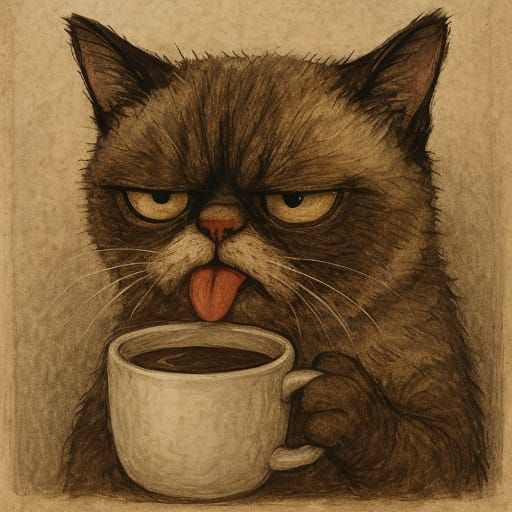Grumpy Cat Sips Coffee in Whimsical Digital Painting