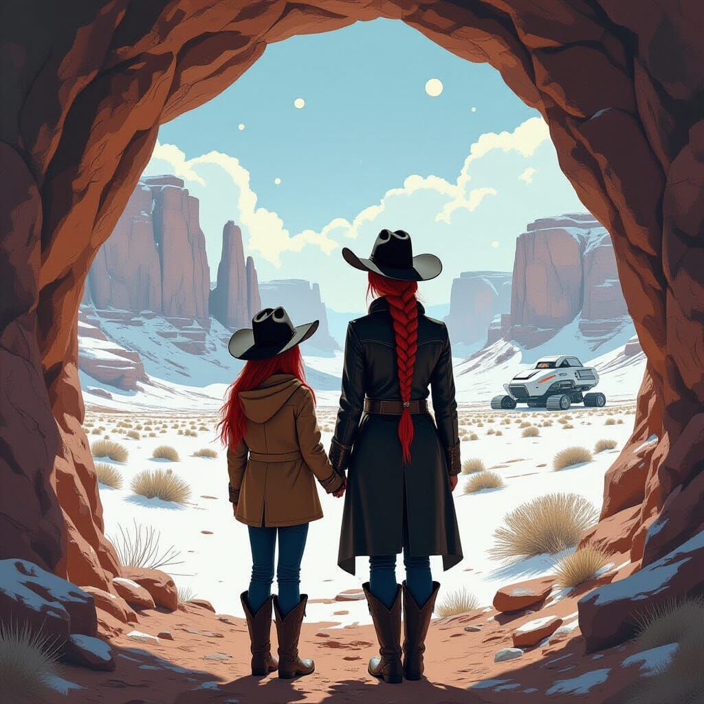Mother and Daughter in Snowy Desert, Futuristic Western Art