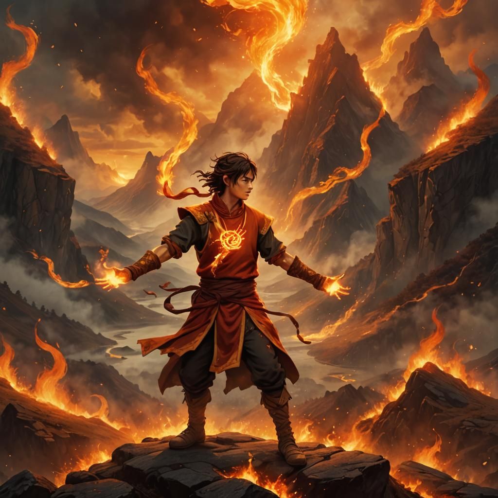 Young Firebender in Misty Mountains: Fantasy Illustration